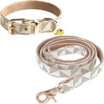 Dog Leather Collar and 4 ft Leash, KUDES Adjustable Basic Collar with Bell Leather Pet Leash Set, Checkered Pattern Durable Leather Collar and Leash with Metal Buckle for Small Medium Large Dogs