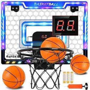 Jugana Mini Basketball Hoop Indoor with Scorer and Batteries, Indoor Basketball Hoop Over The Door with Colorful LED Lighting, Toy Basketball Set for Boys Girls Age 3 4 5 6 7 8