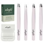 Alayki 4-Piece Stainless Steel Tweezer Set perfect for shaping eyebrows, ensuring durability and accuracy with a convenient leather bag case for safe storage and easy portability (White)