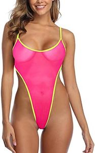 SHERRYLO See Through One Piece Swimsuit High Cut Micro Monokini Bikini Mini Mesh Transparent Bathing Suit, Pink Chartreuse, Medium