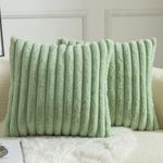 Mandioo Pack of 2 Decorative Throw Pillow Covers Faux Fur Striped Plush Soft Cushion Covers Pillow Cases Bedroom Living Room Sofa Home 16x16 Inch Sage Green