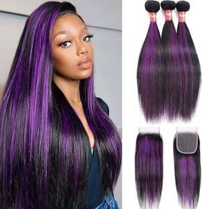 Haha Purple Highlight Bundle With Closure Human Hair Purple Ombre Bundles With Lace Closure Straight Weave Bundles Human Hair With Closure Colored Brazilian Virgin Hair Sew In Extensions 20 22 24+18