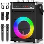 JYX Karaoke Machine with 2 UHF Wireless Microphones, Bluetooth Speaker with Bass/Treble Adjustment and LED Light, PA System Support TWS, AUX in, FM, REC, Supply for Party/Adults/Kids - Black