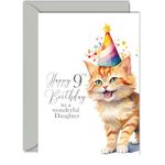 9th Birthday Cards for Daughter - Party Cat Kitten - Happy Birthday Card for 9 Year Old Daughter from Mum Dad, A5 Bday Girl Girls Kids Greeting Cards Gift for Daughter Birthday Gifts