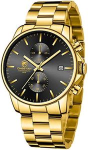GOLDEN HOUR Reloj de Cuarzo para Hombre de Negocios de Moda con cronógrafo Impermeable de Acero Inoxidable para Hombre, Fecha automática (Gold/Black Dial)
