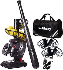 Furlihong Electronic Baseball Pitching Machine Set, Adjustable Angles, Timer and Speed, AC Adapter or Battery Powered, Comes with Bat, 8 Dimpled Balls, 4 Extra Stackers and Carrying Bag