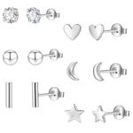 6Pairs Sterling Silver Stud Earrings Silver Studs Earrings for Women Star Moon Ball Heart Studs Earrings Sets for Teens Girls Gifts with Boxs