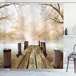 Ambesonne Autumn Shower Curtain, Old Wooden Jetty on a Lake Fallen Leaves and Foggy Forest in Distance, Cloth Fabric Bathroom Decor Set with Hooks, 69" W x 70" L, Brown Beige