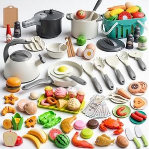 Funpynani 130Pcs Kitchen Playset, Toddler Pretend Cooking Play Pots, Pans, Utensils Cookware, Daily Food Fruit Veges, Shopping Storage Basket, Dessert, Prop Money, Learning Gift for Child （White）