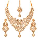 Touchstone Indian Bollywood Traditional Royal Look Attractive Filigree Carving White Rhinestone Grand Bridal Designer Jewelry Necklace Set for Women in Antique Gold Tone