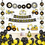 Untumble Construction Theme Birthday decoration party supplies combo pack JCB Theme Birthday kit with Banner Paper fans Danglers Posters Cake topper Hat and Balloons (Pack of 56, Yellow & Black)