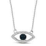 Jewelili Sterling Silver 1/10 Cttw Treated Blue and Natural White Round Diamond Evil Eye Pendant Necklace,18'' Cable Chain, Metal, white-diamond, blue-diamond