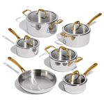 Lagostina Finezza 11-Piece 5-Ply Clad Stainless Steel Cookware Set, Premium Pots and Pans Set, Induction Safe, Oven Safe up to 400ºF / 204ºC, Elegant Gold Handles, Silver