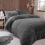 FAUX FUR SHAGGY Long Pile Face, Soft Touch Plush Fleece Reverse, Duvet Cover Set with Pillow Case Thermal Fluffy Winter Warm Cozy Cuddly Bedding Bed Set (Grey, Double)