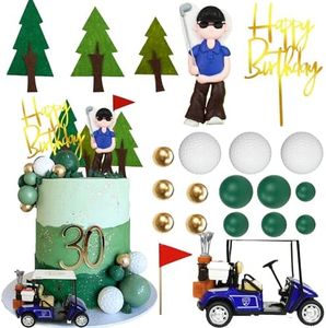 Golf Cake Toppers Golf Carts Clay Golf Figurine Cake Decorations with Green Gold Balls Red Flag Trees for Golf Party Sport Theme Party Birthday Party Supplies (01)