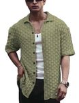 Zilcon Linen Shirts for Men Button Down Short Sleeve Shirt Button up Men's Casual Shirt Mens Beach Summer Vacation Hawaiian (in, Alpha, M, Regular, Oliv Green)