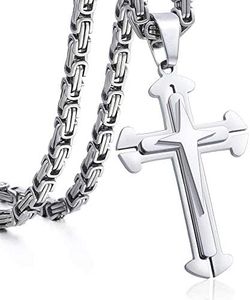 Trendsmax Polished Stainless Steel Silver Cross Crucifix Pendant Necklace Chain for Mens Boys 5mm Byzantine Chain 24inch