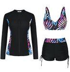 Women's Long Sleeve UV Sun Protection 3 Piece Rash Guard Side Adjustable Wetsuit Swimsuit Top with Boyshort