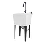 Jumbl Freestanding Utility Sink with Pull-Down Faucet | Laundry Room Tub with Gooseneck Sprayer, Single Handle Flow Control, Soap Dispenser, Drain Plug & Heavy-Duty Iron Legs with Levelers | White