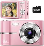 Qumcou Upgrade Digital Camera, 50MP Point and Shoot Camera, Full High Definition 1080P Camera with 16x Zoom Anti Shake, Kids Camera with 32GB SD Card,2 Batteries-Pink