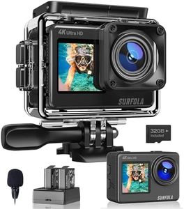 Surfola Action Camera SF530 4K 60fps, WIFI 24MP 131ft Waterproof, Underwater for Snorkeling, Dual Screen Vlogging with EIS, Wireless Mic, Remote Control, 2 Chargeable Batteries