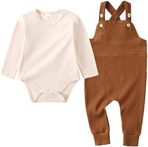 Zoerea Completo Bambino Neonato Bimbo Cotone Righe Pagliaccetto Manica Lunga + Salopette Pantaloni Abiti Completini e Coordinati Set Beige,3-6 mesi