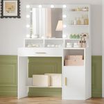 Hzuaneri Vanity Desk with Mirror and 10 LED Lights, Makeup Vanity with 3 Shelves & 4 Open Compartments, Dressing Table with Large Drawer & Cabinet, 3 Adjustable Lighting Brightness, White VT08103XCA