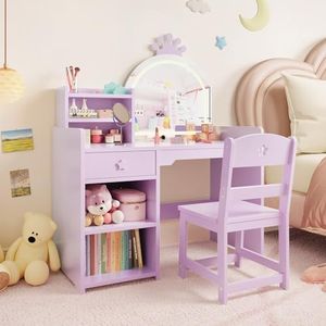 GarveeHome Kids Vanity with Lighted Mirror, 2 in 1 Princess Vanity Set Toddler Vanity Table & Chair Set with Open Bookshelf, Storage Cabinet & Shelves for Little Girls