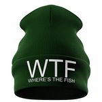 Fishing Gifts for Men - WTF Wheres The Fish Embroidered Carp Fishing Beanie Hat Mens Presents Funny Fishing Tackle (Bottle Green)