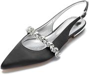 Hyinlays Women's Closed Toe Wedding Flats Slingback Pump Shoes for Bride Satin Crystal Pointed Toe Formal Party Flat Sandals, Black, 11