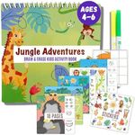 Kids Small Size Travel Educational Activity Book with Washable Markers (7"x7") - Car and Airplane Activities, Learning Toys for Toddlers - Search and Find, Reusable Stickers for Ages 4, 5, 6 (Jungle)