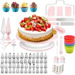 90 Pcs Cake Decorating Supplies kit with Cake Turntable-leveler-48 Piping Tips with Pattern Chart -Straight & Offset Spatula-20 Icings Bags-3 Icing Smoother Scraper Set for Beginner Cake-Lover (Pink)