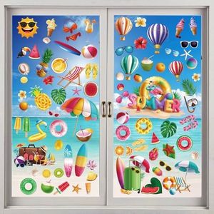 Summer Window Clings for Glass Windows – 100 PCS Removable & Reusable Seasonal Window Stickers, Vibrant Beach/Tropical Designs for Home, Office, Party Decor (Sun, Palm, Flamingo, Watermelon)
