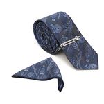 LOUIS STITCH Mens Royal Blue Necktie Printed Italian Silk Suit Tie with Chrome Pin and Pocket Square Gift Set Free Size (Wooden Box) (Suit Accessories) (Prague)