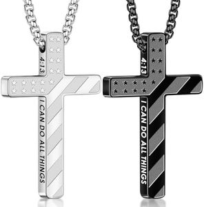 Romass 2Pcs Cross Necklace for Men,Silver Black Bible Verse Stainless Steel American Flag Pendant Chain Gifts Jewelry Box