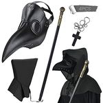 BUUFAN 4PCS Plague Bird Doctor Mask PU Leather Long Nose Beak Mask with Cloak Crucifixion Necklace Scepter for Cosplay Halloween