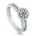 BERRICLE Rhodium Plated Sterling Silver Round Cubic Zirconia CZ Halo Promise Wedding Engagement Ring Set 0.7 CTW