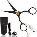 ONTAKI 5.5" Premium Hand Forged Mustache Beard Scissors Barber Salon Japanese Steel for Men Hair Shears Bangs Haircuts Beard Scissors for Men Hair Trimming Scissors Rest Hook (Black (Japanese Steel))