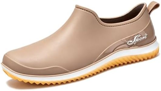 NENGMAON Rain Shoes for Women Slip-on Waterproof Flat Garden Shoes Lightweight PVC Low Top Rubber Yard Work Shoes Comfort Non-Slip Chef Car Wash Footwear (Khaki,6)