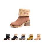 Womens Winter Boots Ladies Fur Lined Mid Calf Boots Flat Slip On Suede Leather Warm Snow Boots Comfort Brown Size 8 UK