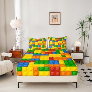 Kids Games Bed Sheet Set for Child Bedroom Color Building Blocks Fitted Sheet for Boys Girls Gift Toy Brick Bedding Set Nursery Bed Cover with Pillowcase Decor 3 Pcs Queen Size