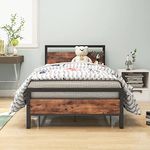 HOJINLINERO Metal Bed Frame Twin Size with Wood Headboard,Platform Bed Frame Twin No Box Spring Needed,Sturdy Reinforced Steel Slat,Rustic Brown