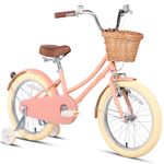 Glerc 18 Inch Kids Girls Bike for 5 6 7 8 Years Old Little Girls Retro Vintage Style Bicycles with Basket Training Wheels and Bell, Peach, Peach