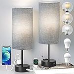 CNXIN 15" Small Bedside Table Lamps Set of 2 for Bedroom with 3 Color Temperatures, Pull Chain Mini Nightstand Lamps with USB Port & Outlet for Kids Guest Bedroom Living Room Office, Grey