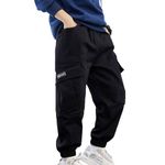 FEESHOW Boys Casual Cargo Trousers Kids Joggers Sweatpants Elastic Waist Hiking Trousers Hip Hop Jazz Dancewear Activewear Black 14-15 Years