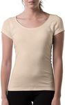 The Thompson Tee Women's Sweatproof Undershirt | Cotton Scoop Neck T-Shirt with Underarm Sweat Pads | Original Fit | Aluminum-Free Alternative | Beige | Medium