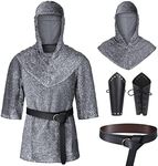 Renaissance Faux Chain Mail Armor Tunic Shirt Coif Medieval Knight Cowl Crusader Costume Outfit Bracers Waist Belt Set, Silver Gray, Large