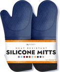 BPA-Free Soft Silicone Oven Mitts - Ultra Heat Resistant Oven Mitts with Thick Cotton Liner - Extra Long Slip Resistant Pot Holders, Flexible Oven Gloves - Navy 14.7"