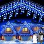 LBSTP Outdoor Icicle Christmas Lights 10M - Fairy Lights Plug in Cool White & Blue Connectable Waterproof Led Bright Icicle Lights Mains Powered with 8 Modes & Remote Timer for Window Garden Party