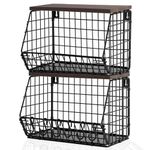 AKOZLIN 2pcs Fruit Basket for Kitchen Wire Storage Baskets with Wood Lid & 6 Hooks Stackable or Wall-mounted & Countertop Tiered Kitchen Storage for Fruit,Snacks and Vegetables-Black